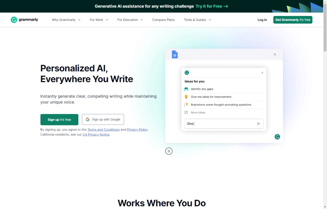 grammarly AI writing assistant: website's home page