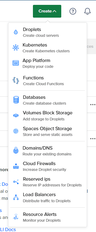 create droplet dropdown in digitalocean