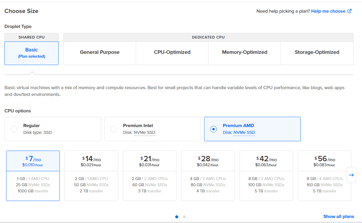 select a droplet type and cpu options