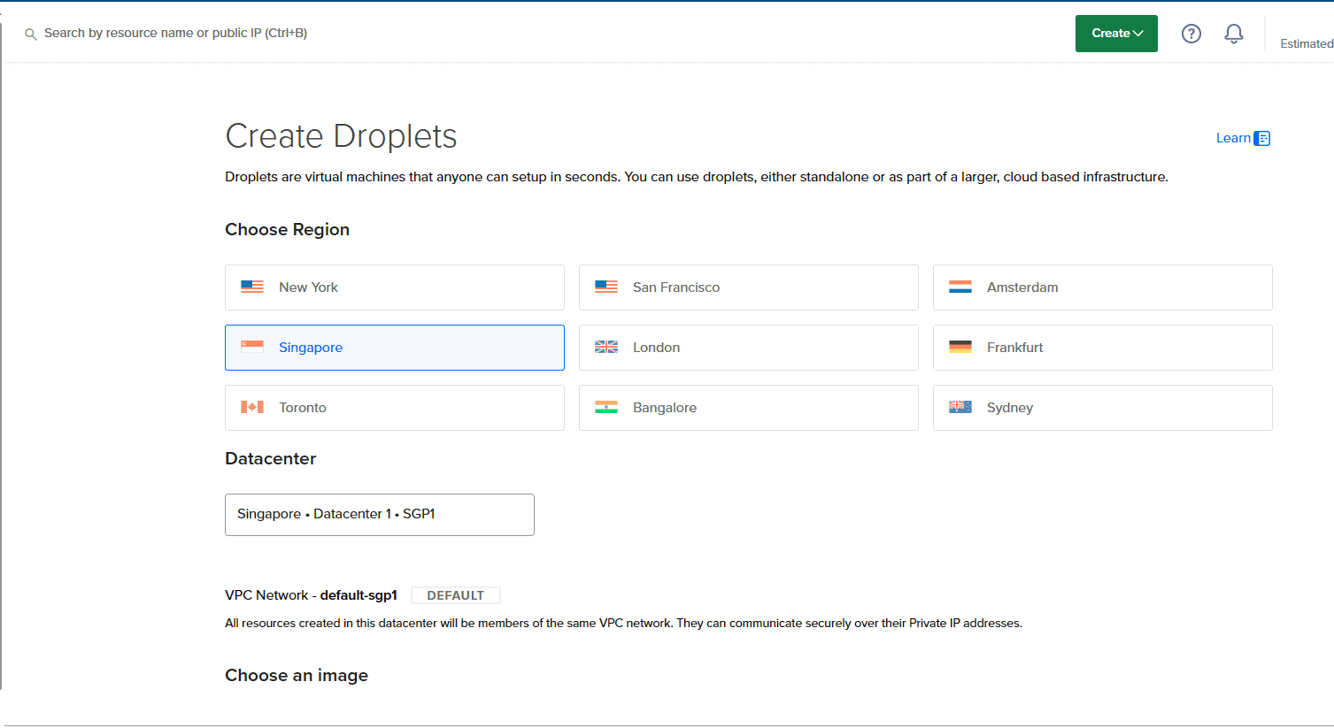select a region for your droplet