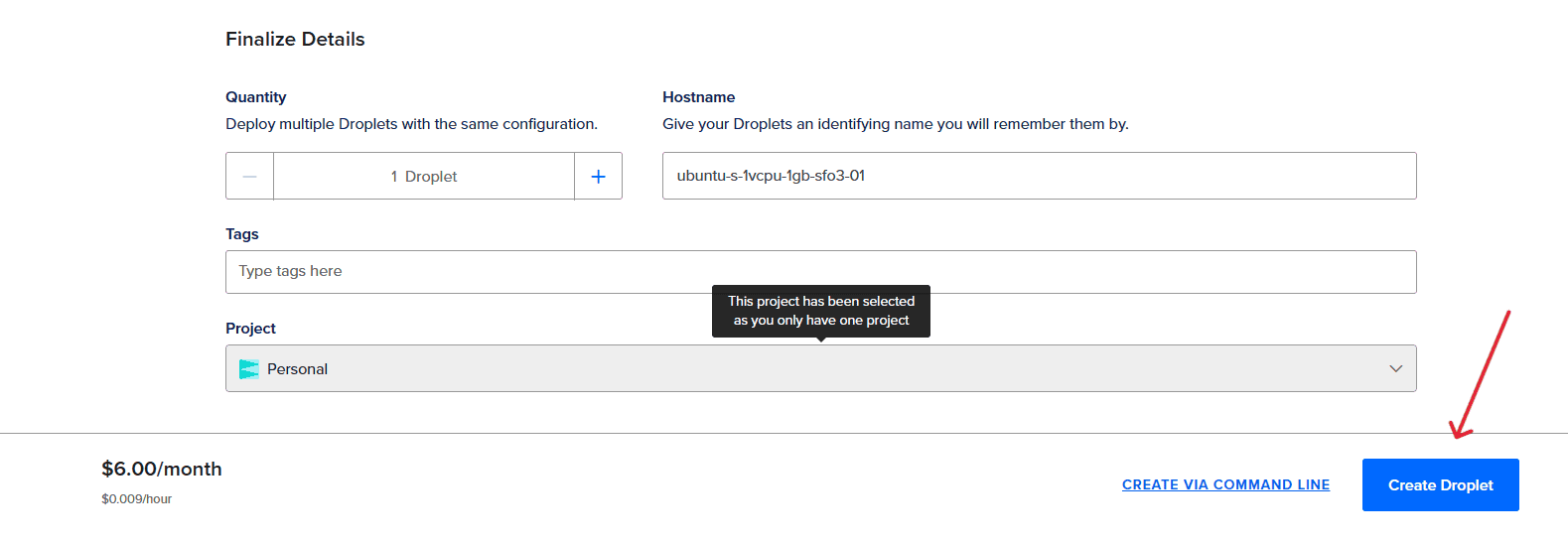 finalizing droplet details with red arrow pointing towards the create droplet button