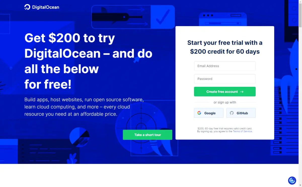 digitalocean free trial landing page